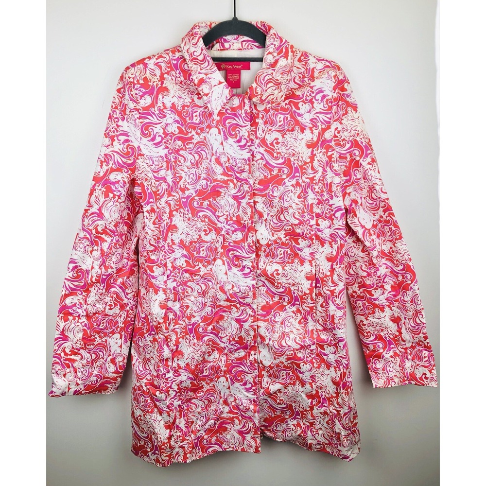 Key West Womens Pink White Floral Button Up Jacket Size 2 Lightweight Rain Coat